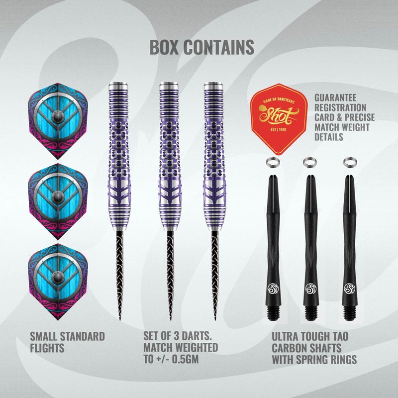 Shot! Shot Darts Steel Tip, Viking Shield Maiden (23g/24g/25g/27g), 90% Tungsten Barrel, Front Weighted, Handcrafted Professional Dart Set & Flights Made in New Zealand, Metal Tip for Bristle Dartboard - Image 3